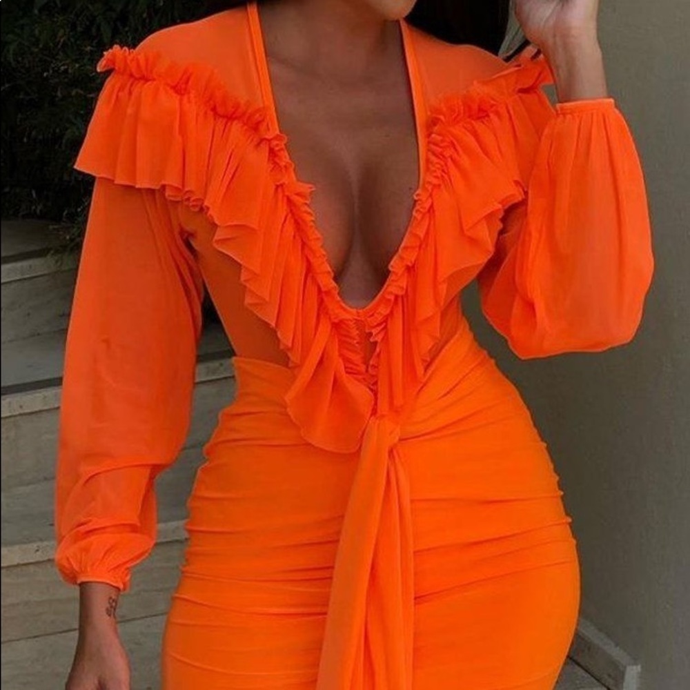 Neon Orange Mesh Frill V Neckline Bodysuit